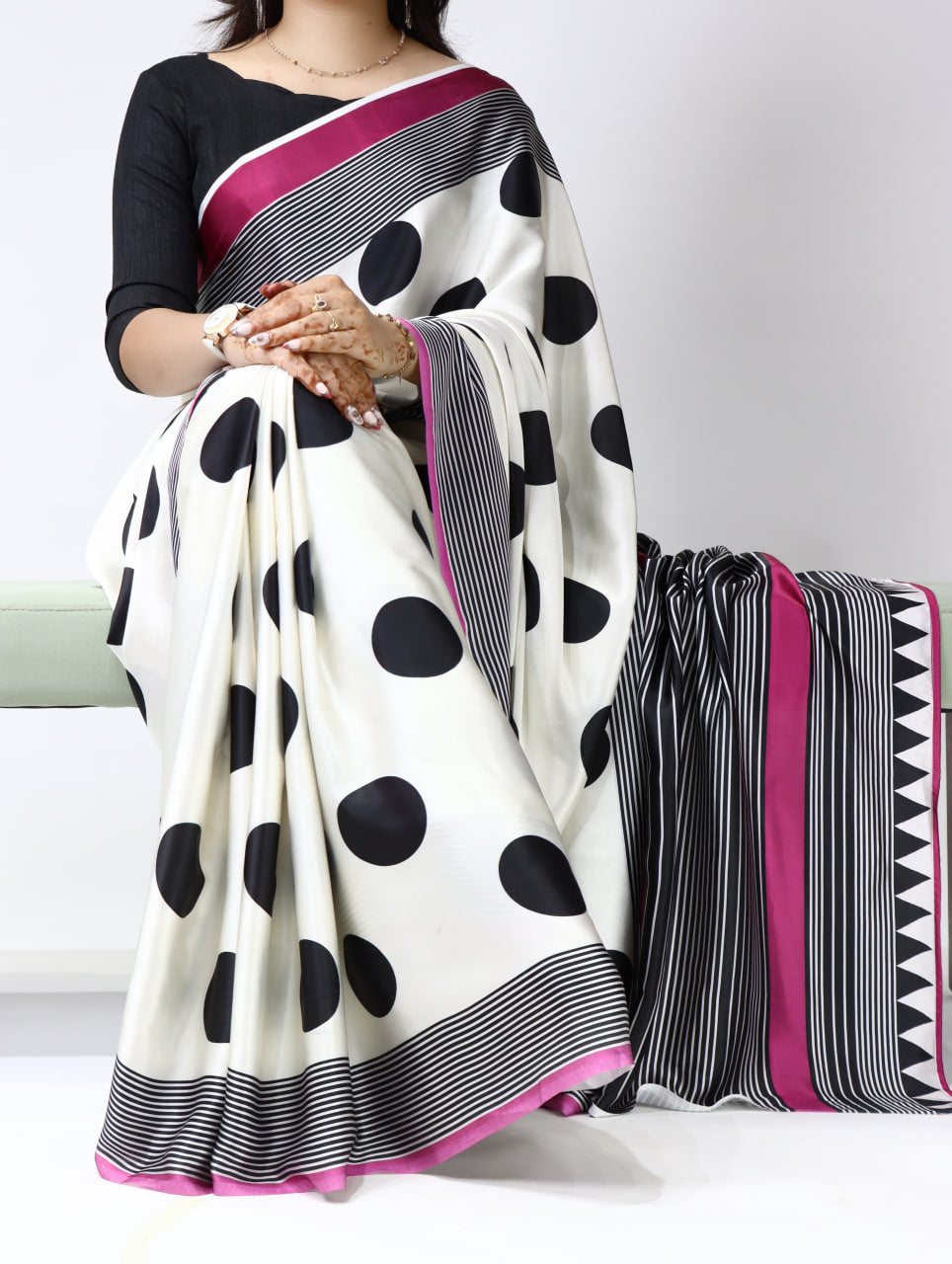Polka Dot Premium Satin Sarees With Plain Blouse