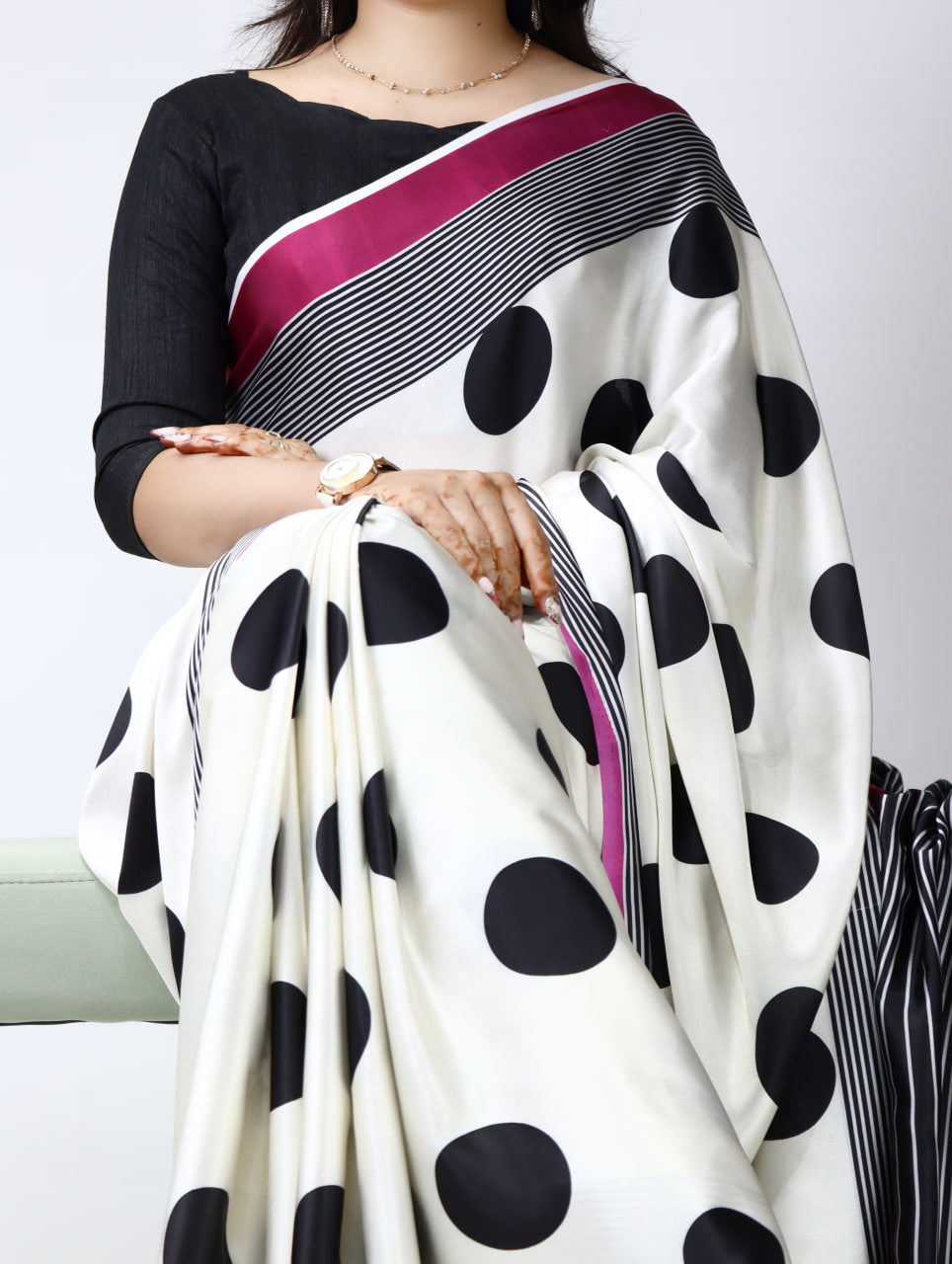 Polka Dot Premium Satin Sarees With Plain Blouse
