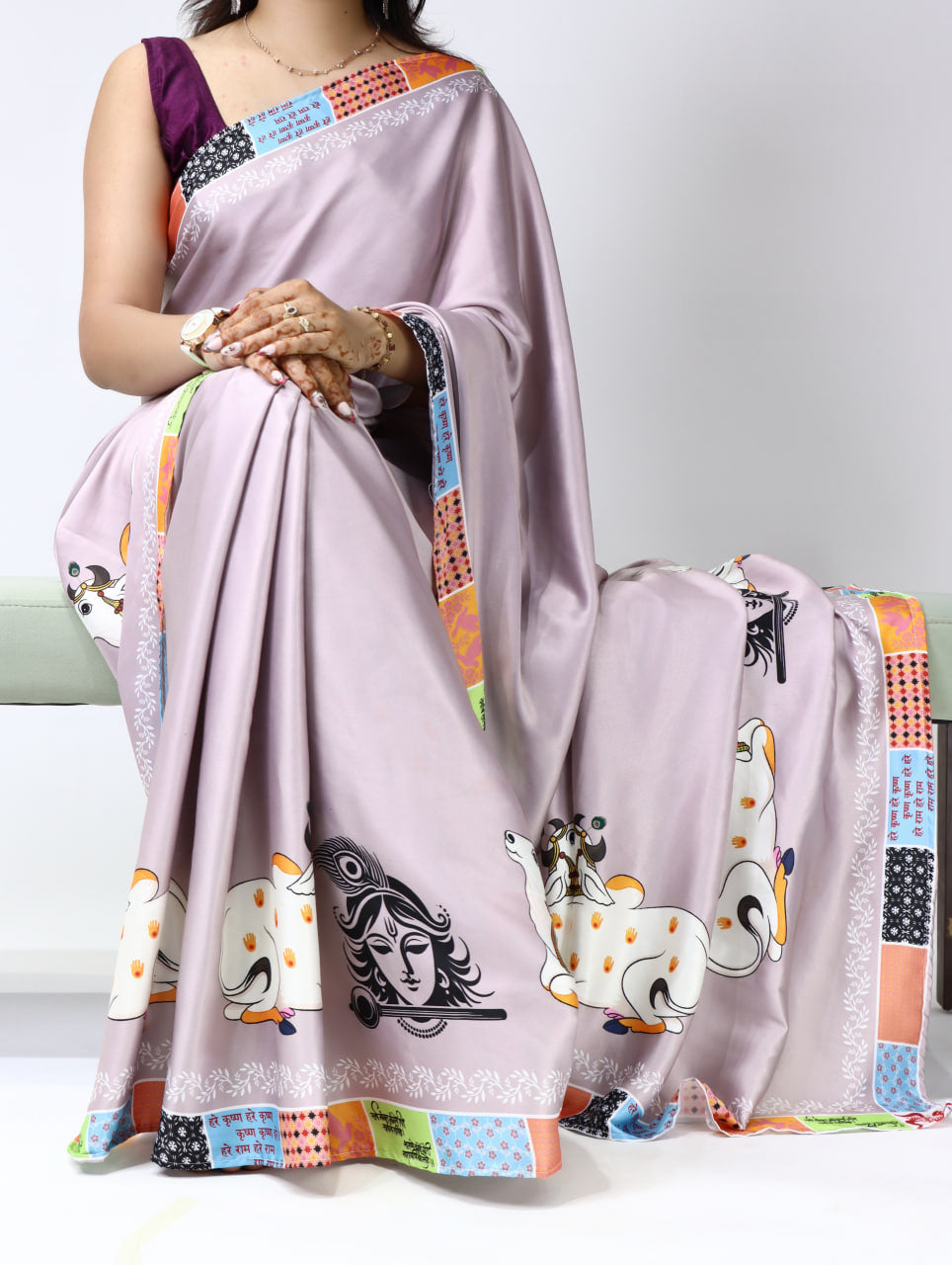 Prints Premium Satin Sarees With Plain Blouse