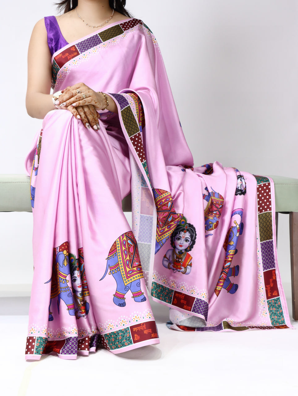 Prints Premium Satin Sarees With Plain Blouse