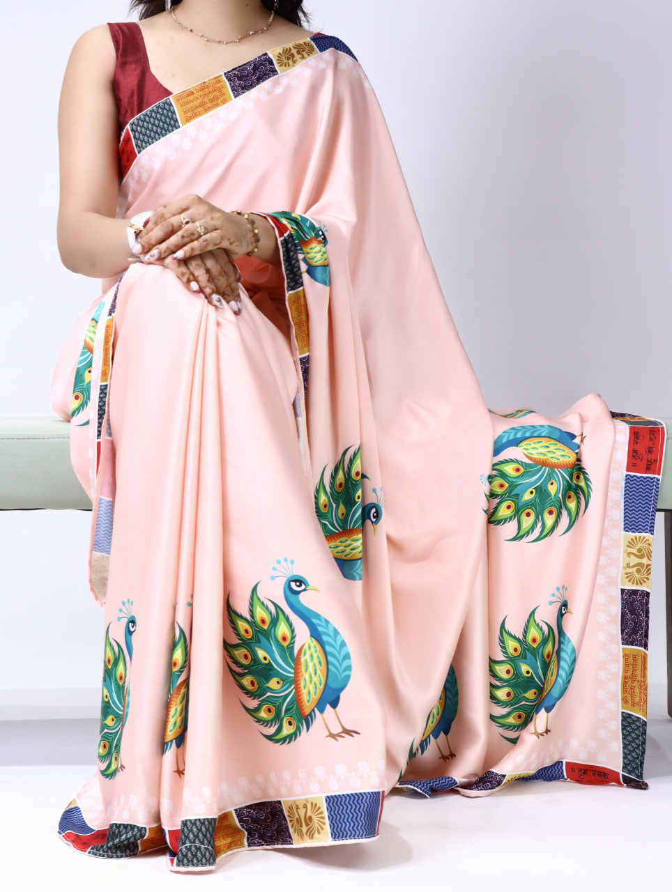 Prints Premium Satin Sarees With Plain Blouse