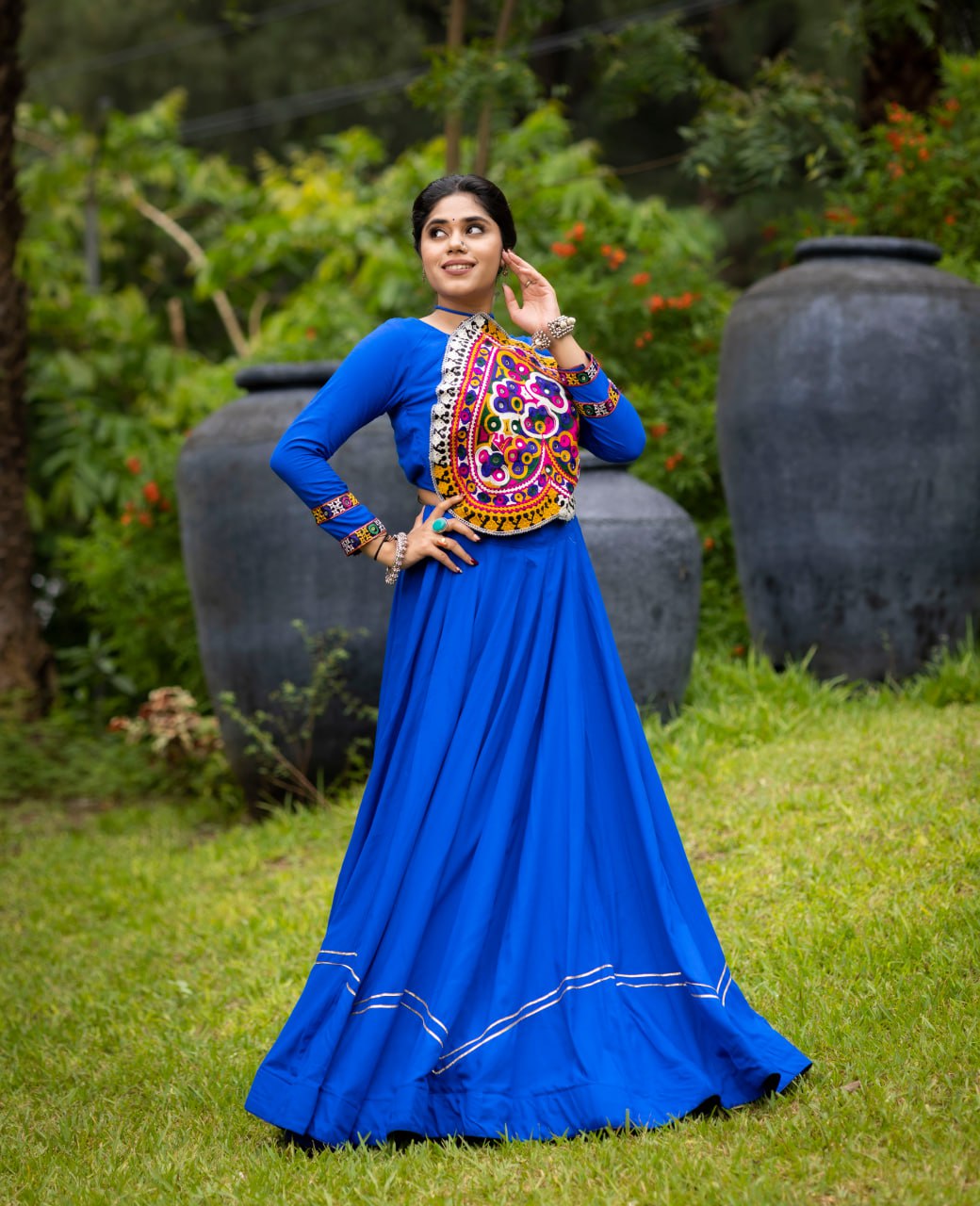 Royal Blue Navratri Lehenga Choli with Halter-Neck Kutchi Embroidered Bodice