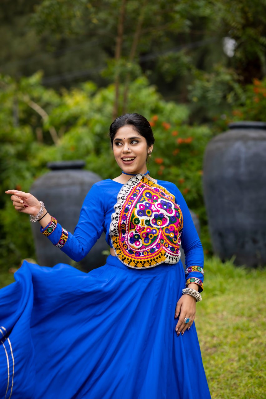Royal Blue Navratri Lehenga Choli with Halter-Neck Kutchi Embroidered Bodice