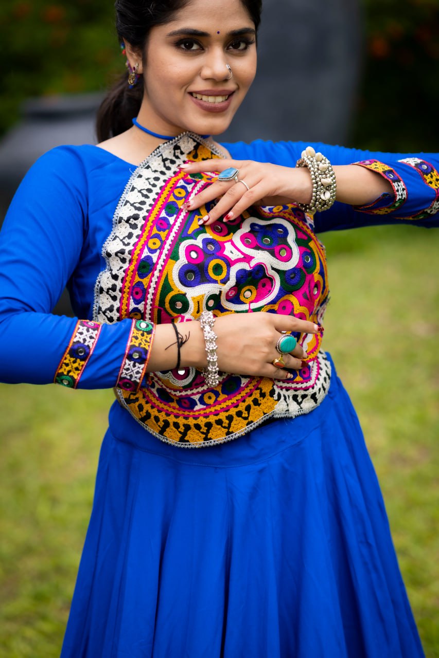Royal Blue Navratri Lehenga Choli with Halter-Neck Kutchi Embroidered Bodice