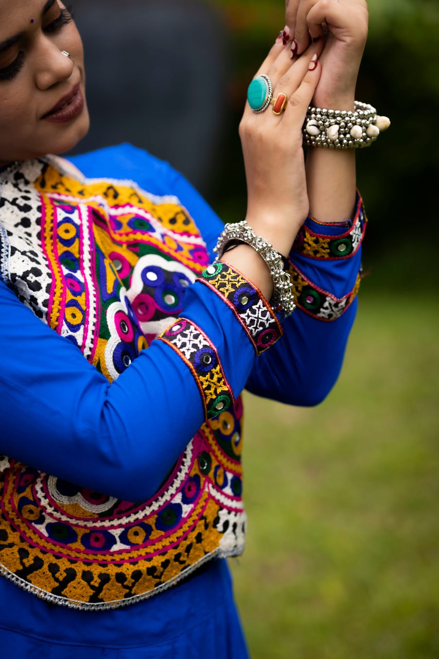 Royal Blue Navratri Lehenga Choli with Halter-Neck Kutchi Embroidered Bodice