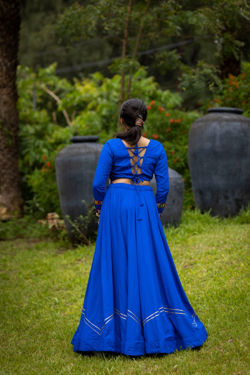Royal Blue Navratri Lehenga Choli with Halter-Neck Kutchi Embroidered Bodice