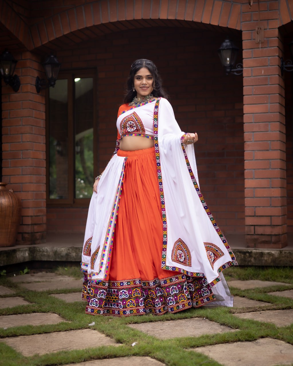 Embroidered Kutchi-Work Chaniya Choli with Dual-Tone Paneled Skirt
