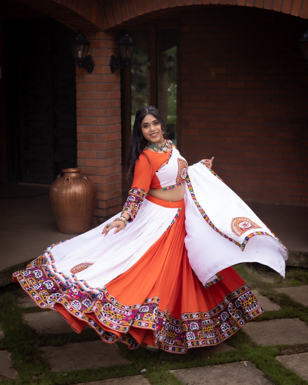 Embroidered Kutchi-Work Chaniya Choli with Dual-Tone Paneled Skirt