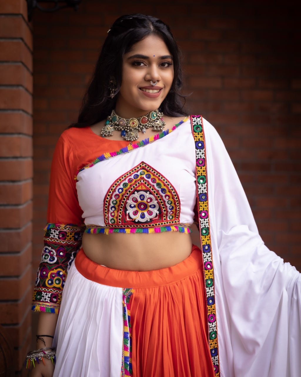 Embroidered Kutchi-Work Chaniya Choli with Dual-Tone Paneled Skirt