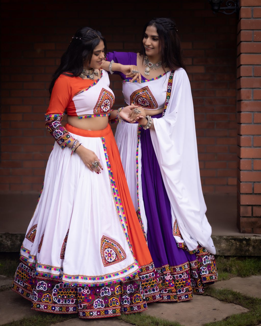 Embroidered Kutchi-Work Chaniya Choli with Dual-Tone Paneled Skirt