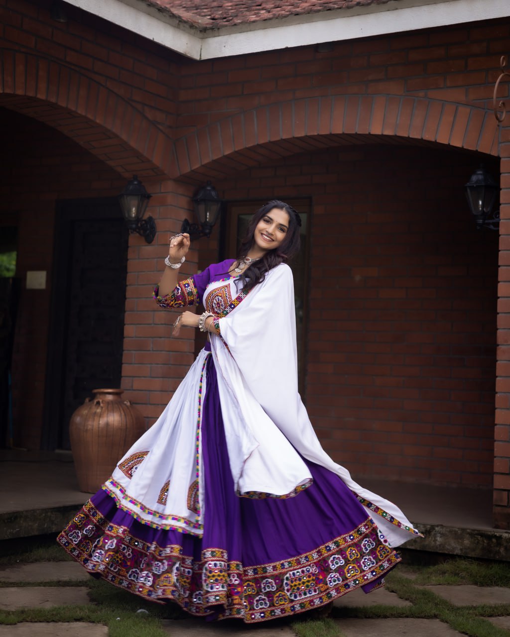 Embroidered Kutchi-Work Chaniya Choli with Dual-Tone Paneled Skirt