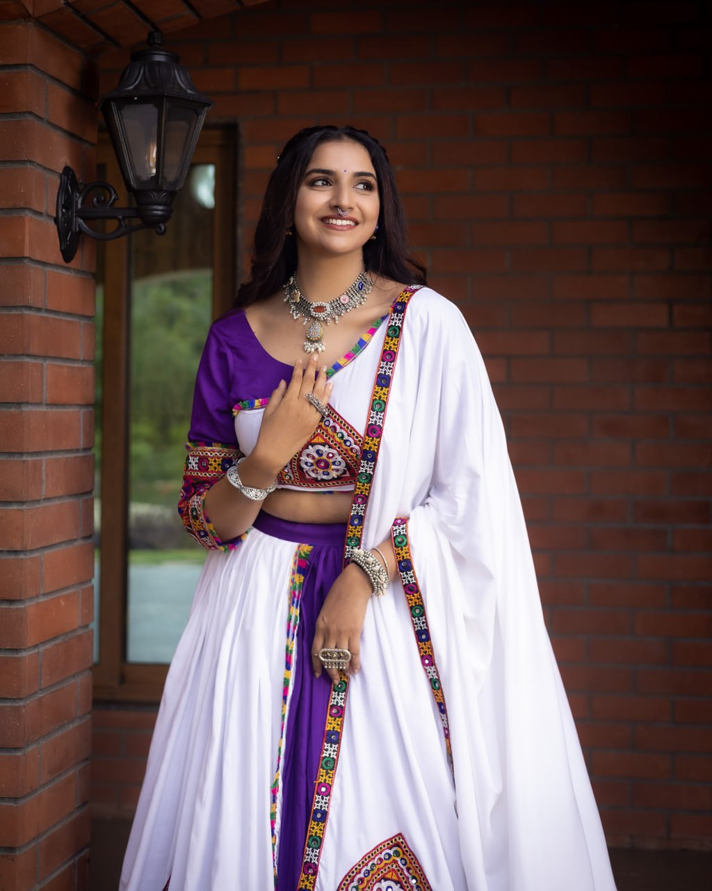 Embroidered Kutchi-Work Chaniya Choli with Dual-Tone Paneled Skirt