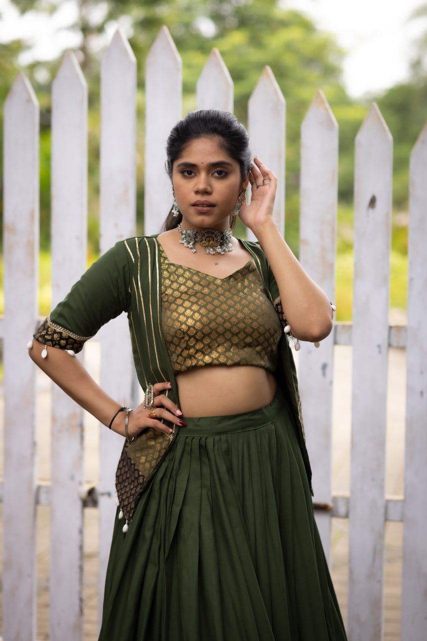 Mehendi Color Ready Made Fancy Lehenga Koti Sets