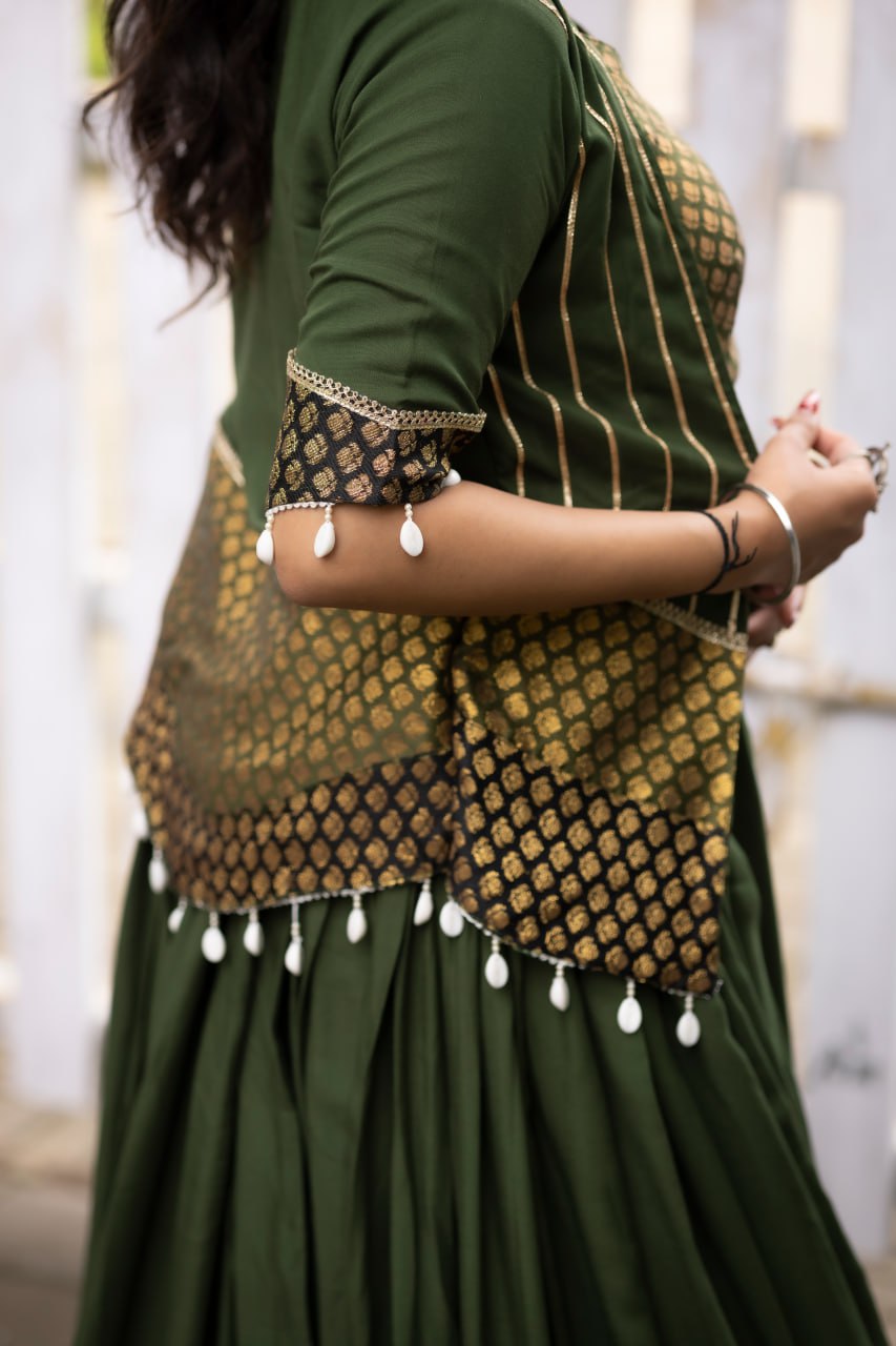 Mehendi Color Ready Made Fancy Lehenga Koti Sets
