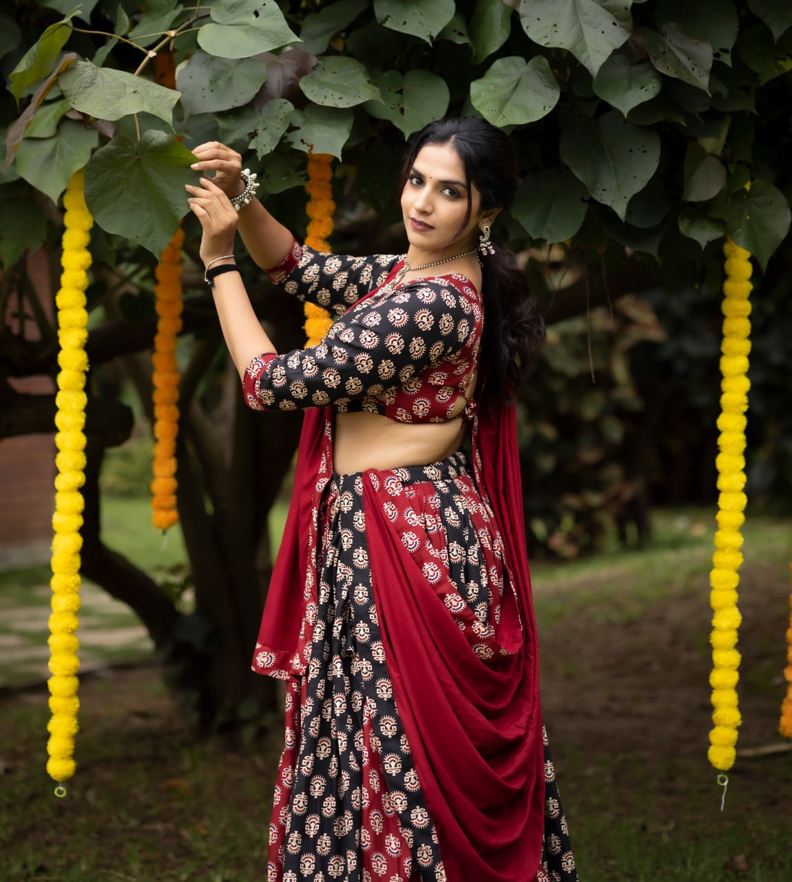 Ajrakh Print Black & Crimson Maroon Navratri Lehenga Choli Set