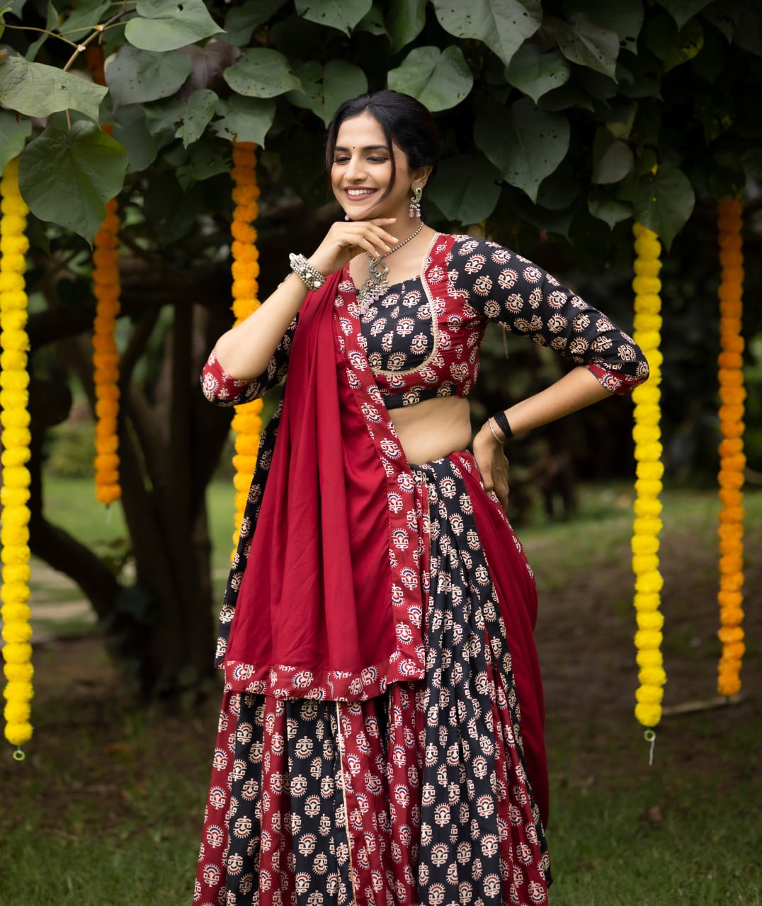 Ajrakh Print Black & Crimson Maroon Navratri Lehenga Choli Set