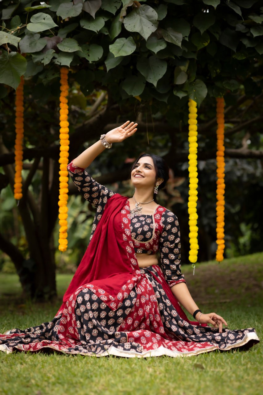 Ajrakh Print Black & Crimson Maroon Navratri Lehenga Choli Set