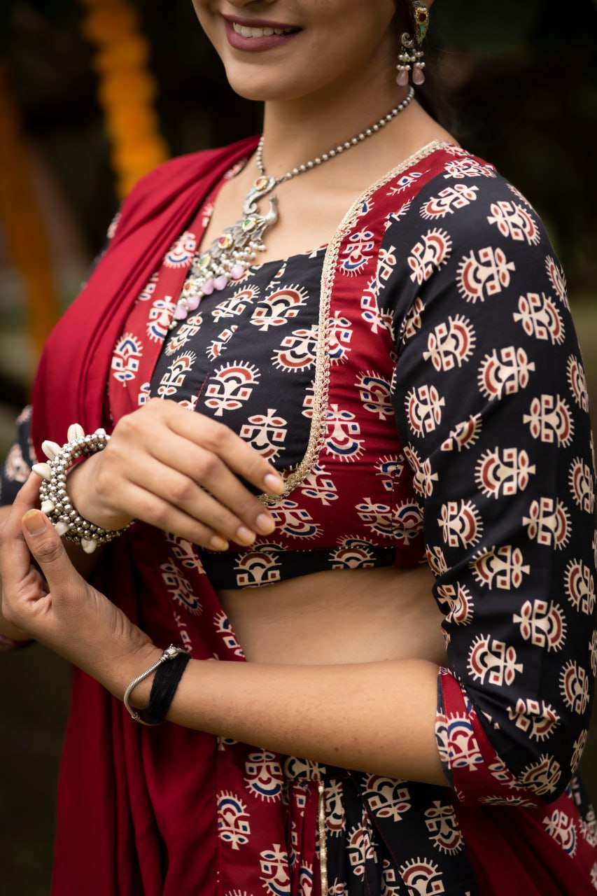 Ajrakh Print Black & Crimson Maroon Navratri Lehenga Choli Set