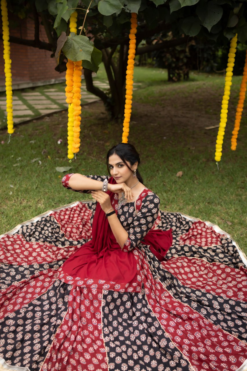 Ajrakh Print Black & Crimson Maroon Navratri Lehenga Choli Set
