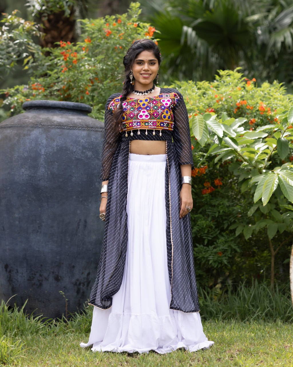 Navratri Special Embroidered Indo-Western Lehenga Set with Sheer Jacket