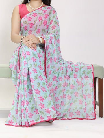 Beautiful All Over Floral Printed with Premium Lace Border Saree