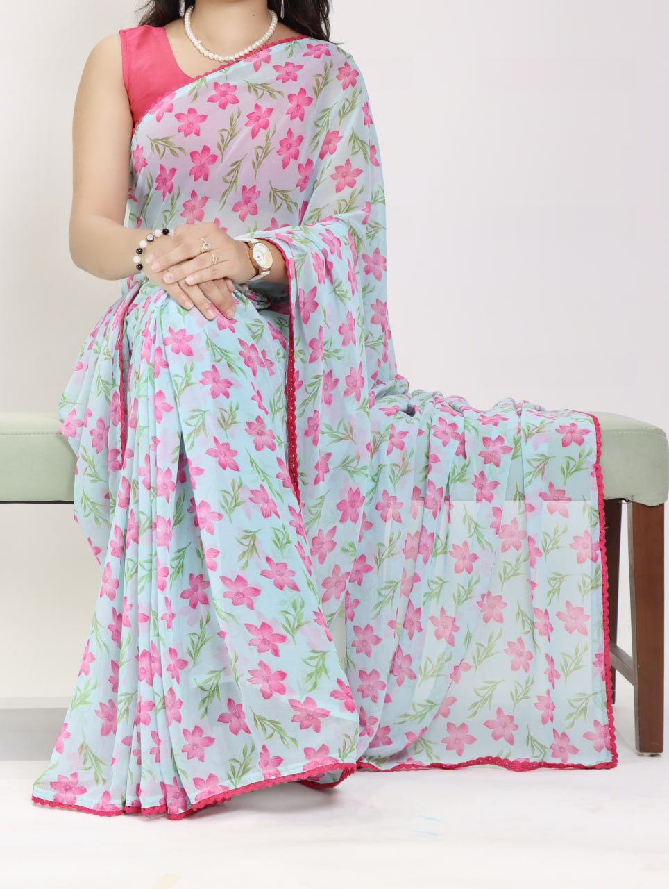 Beautiful All Over Floral Printed with Premium Lace Border Saree