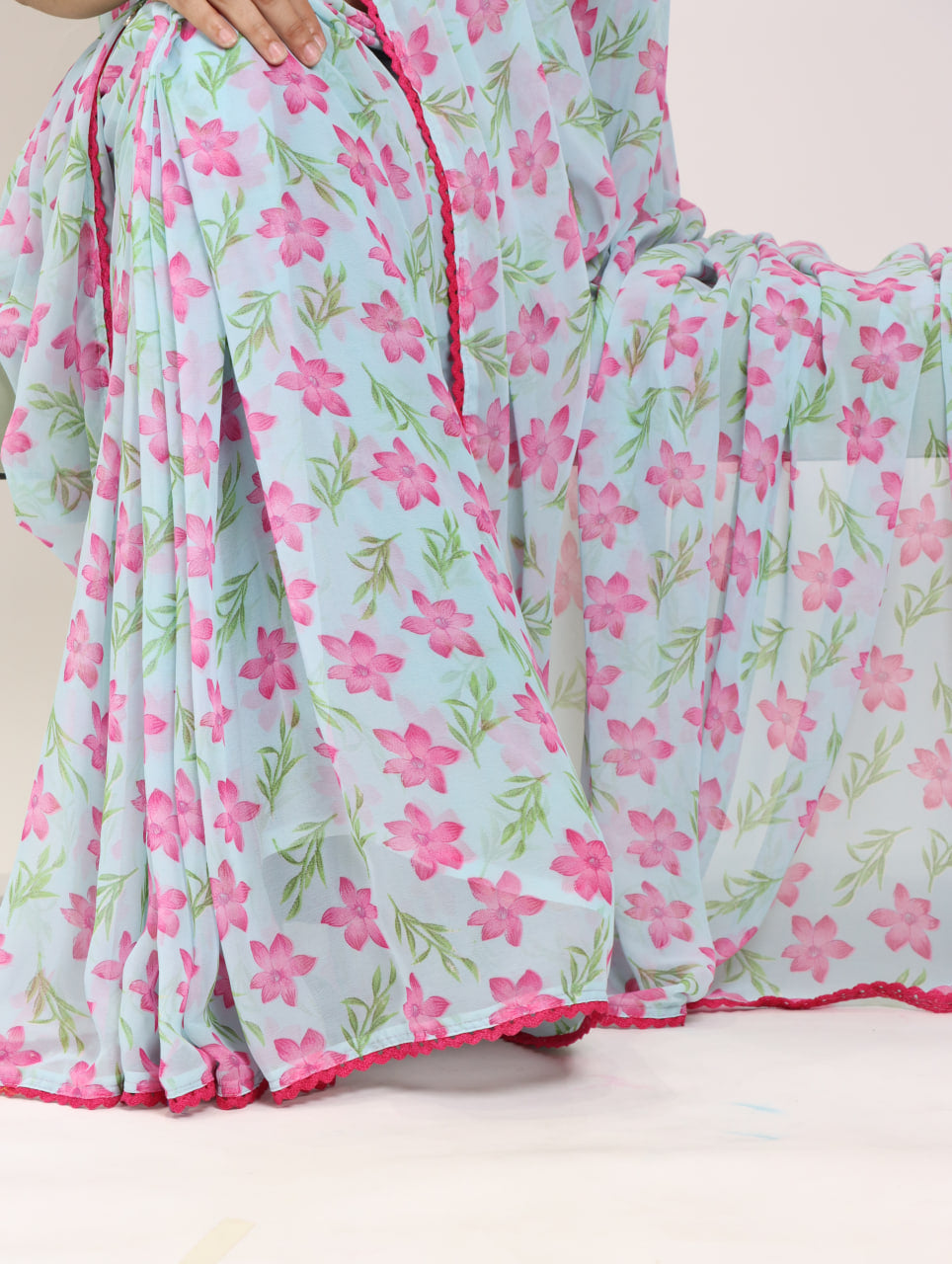 Beautiful All Over Floral Printed with Premium Lace Border Saree