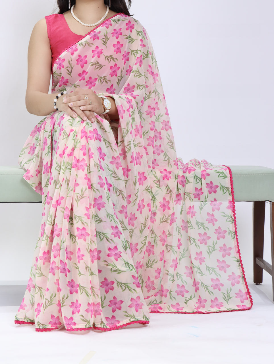 Beautiful All Over Floral Printed with Premium Lace Border Saree