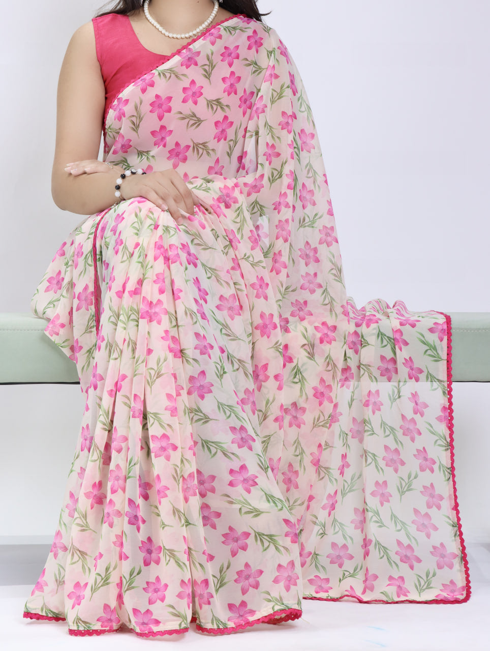 Beautiful All Over Floral Printed with Premium Lace Border Saree