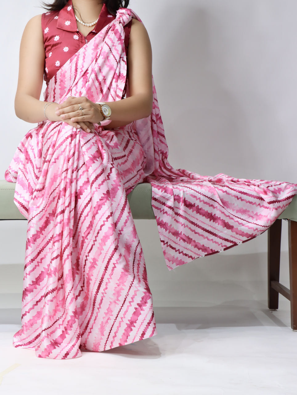 Beautiful Leheriya Printed Satin Saree With Unstitched Blouse