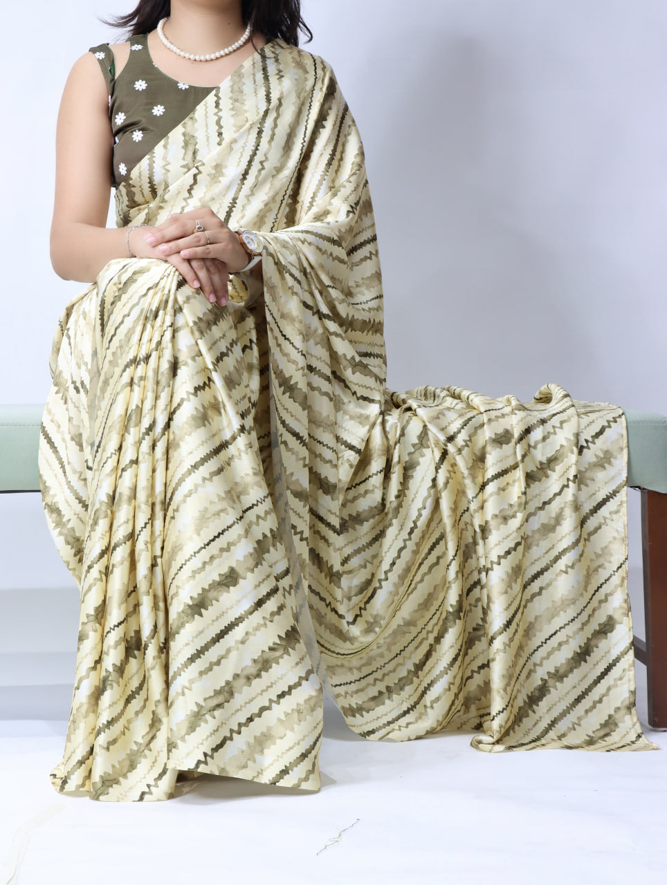 Beautiful Leheriya Printed Satin Saree With Unstitched Blouse