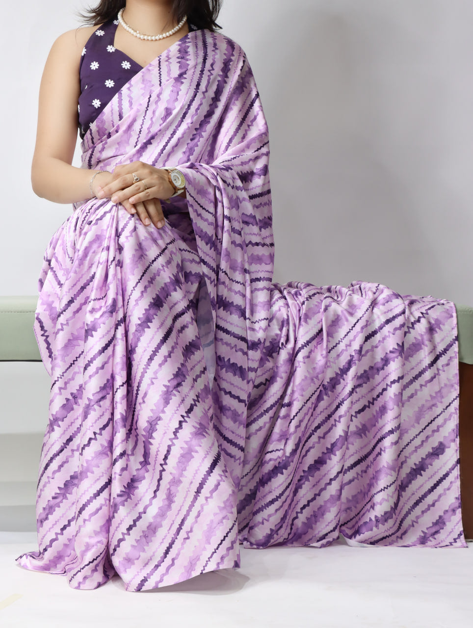 Beautiful Leheriya Printed Satin Saree With Unstitched Blouse