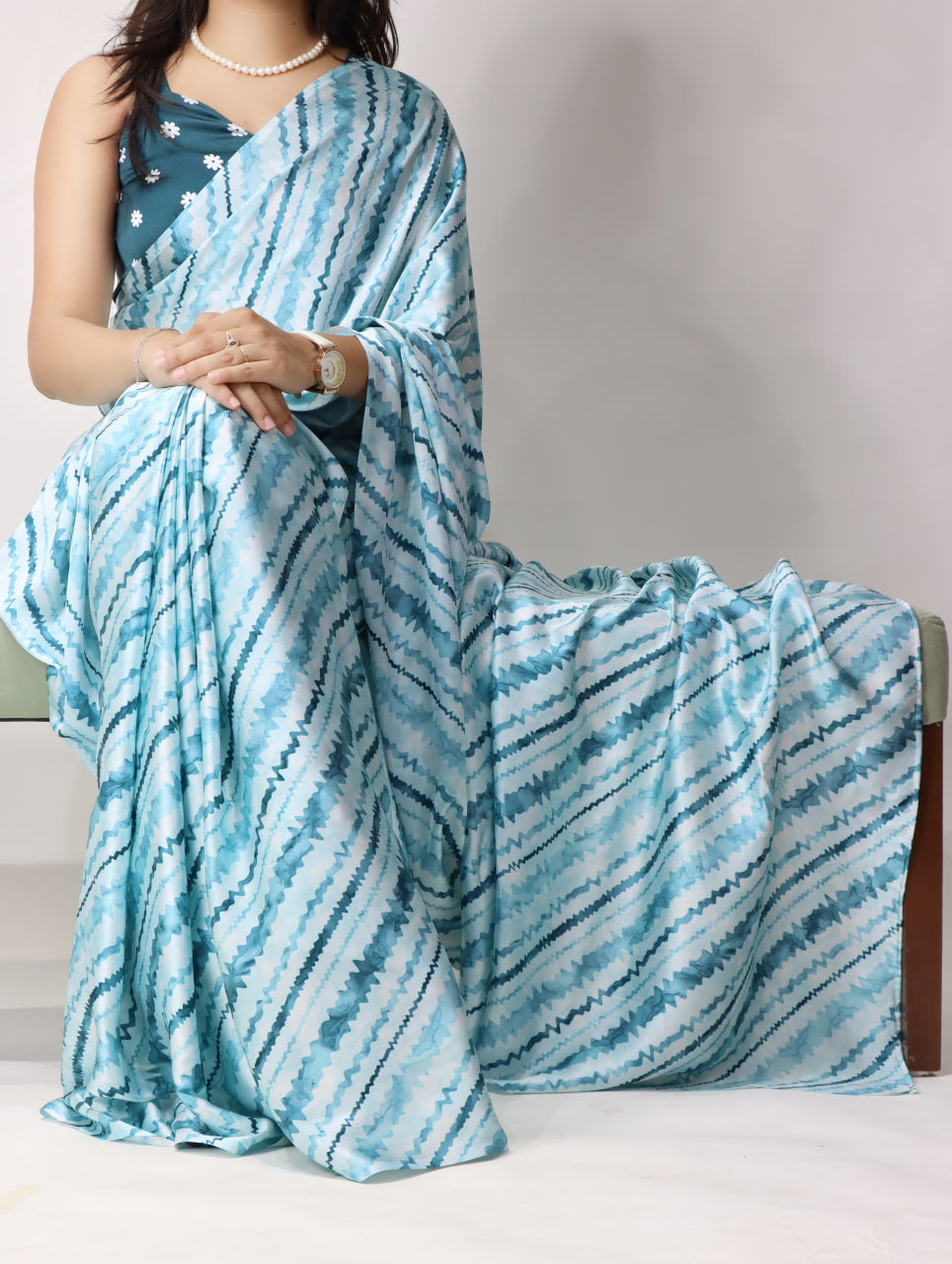 Beautiful Leheriya Printed Satin Saree With Unstitched Blouse