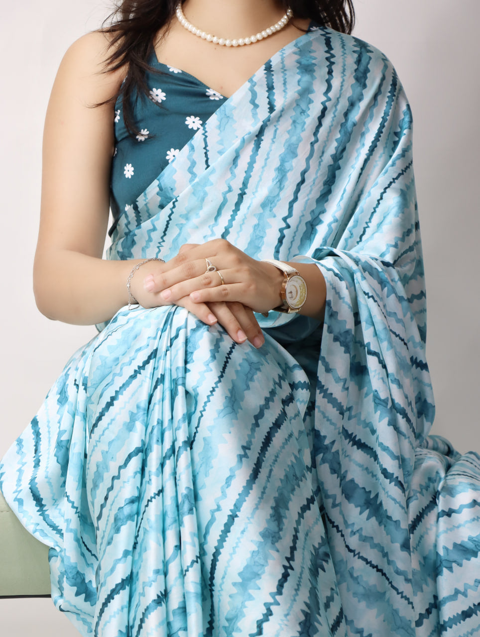 Beautiful Leheriya Printed Satin Saree With Unstitched Blouse