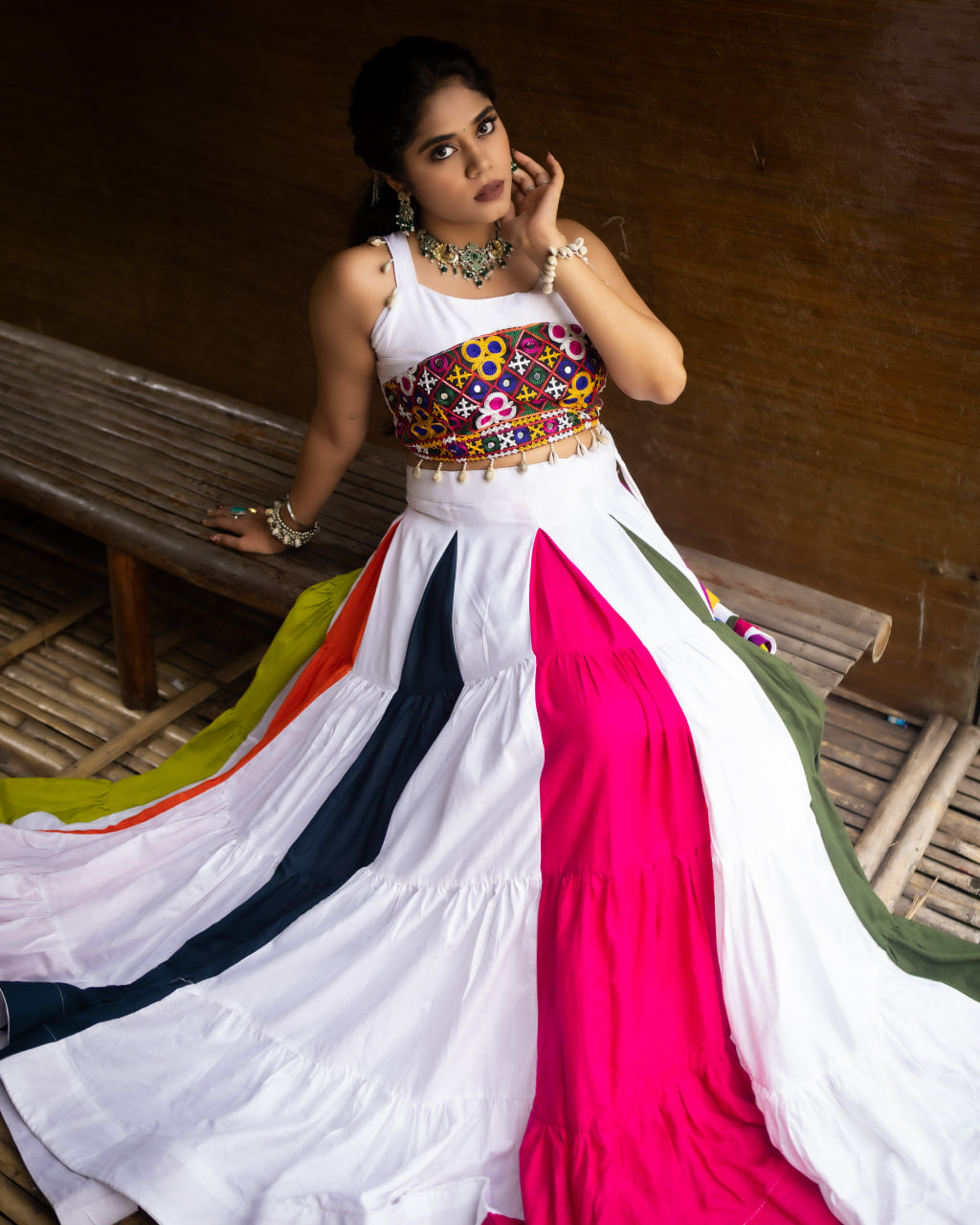 Heavily Embroidered Heart-Bodice Chaniya Choli with Multi-Color Paneled Skirt