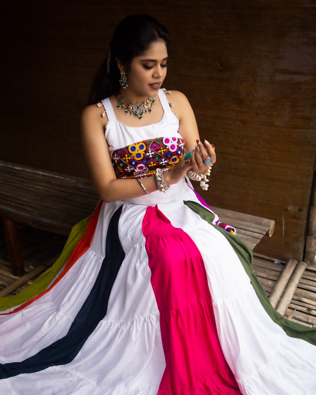 Heavily Embroidered Heart-Bodice Chaniya Choli with Multi-Color Paneled Skirt