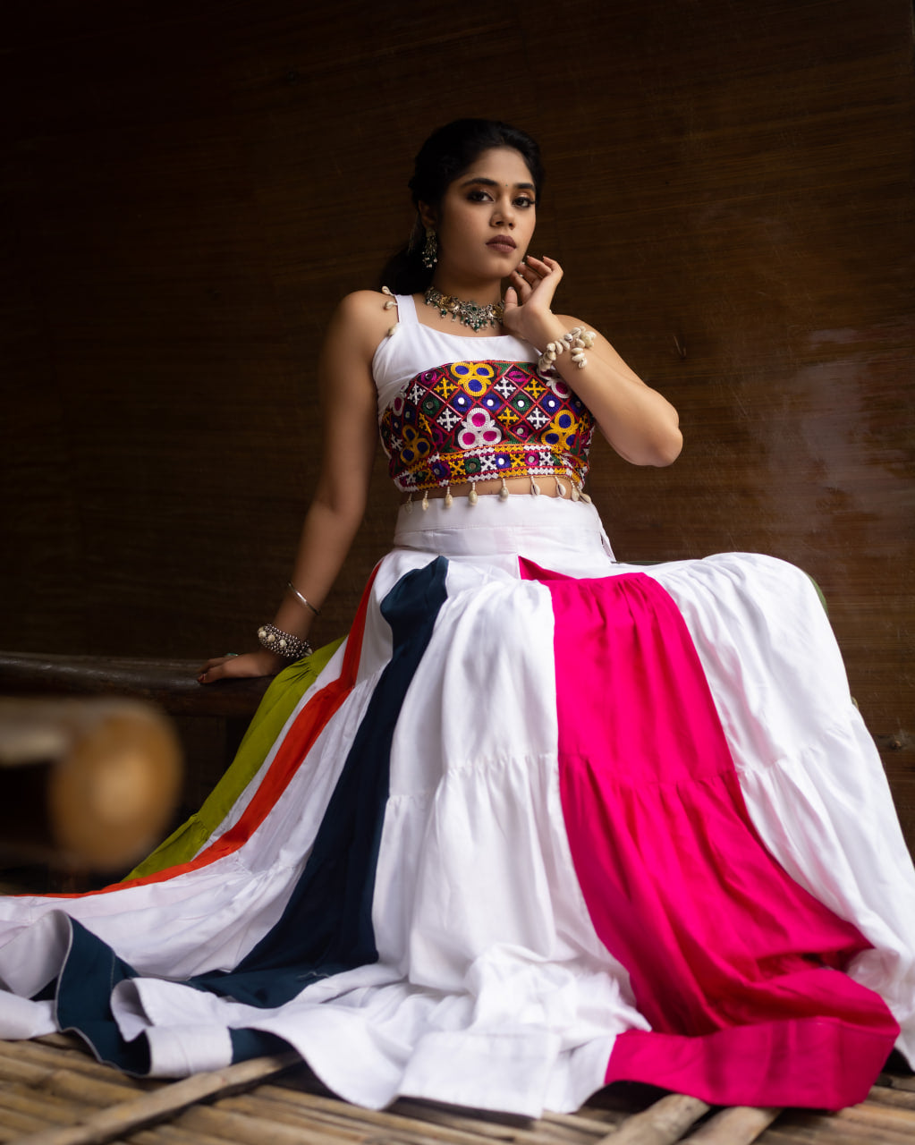Heavily Embroidered Heart-Bodice Chaniya Choli with Multi-Color Paneled Skirt