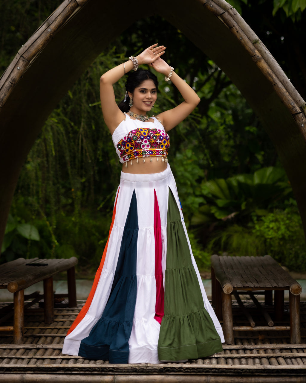 Heavily Embroidered Heart-Bodice Chaniya Choli with Multi-Color Paneled Skirt