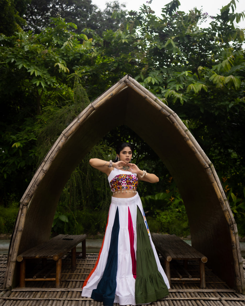 Heavily Embroidered Heart-Bodice Chaniya Choli with Multi-Color Paneled Skirt