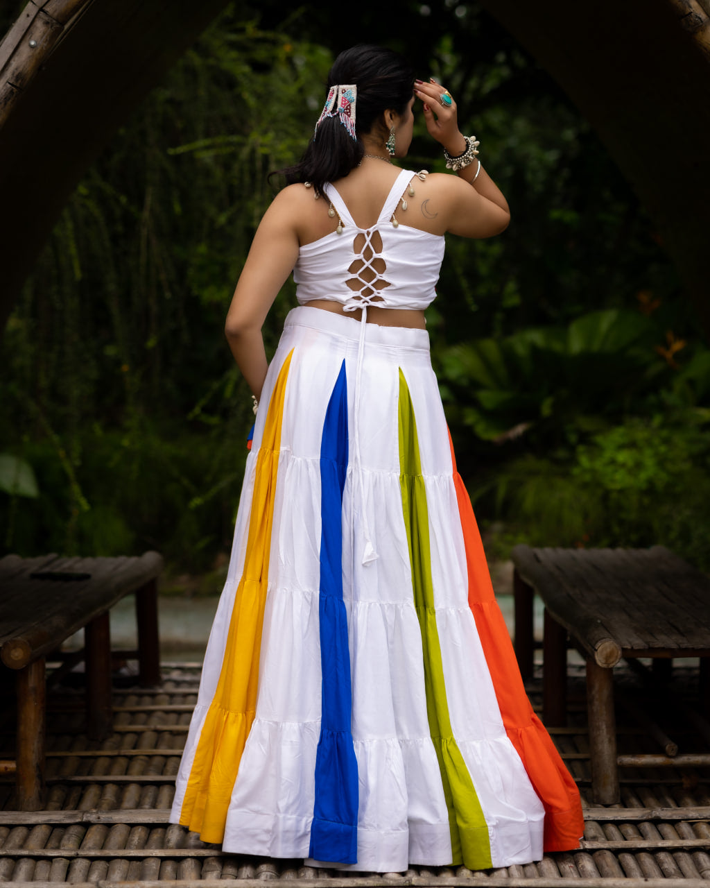 Heavily Embroidered Heart-Bodice Chaniya Choli with Multi-Color Paneled Skirt