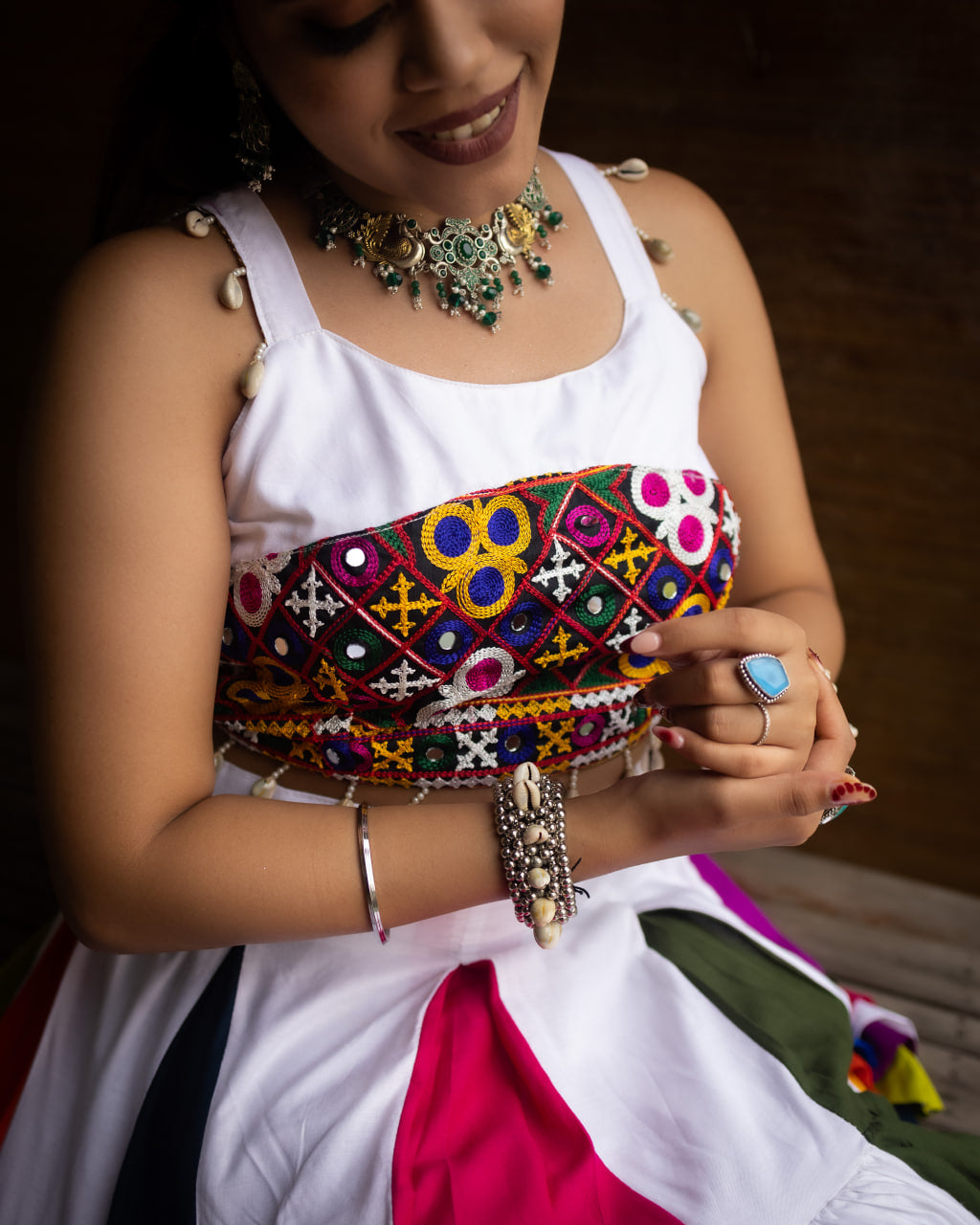 Heavily Embroidered Heart-Bodice Chaniya Choli with Multi-Color Paneled Skirt