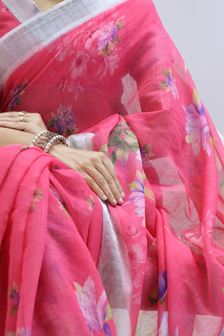 Traditional  Linen Printed Saree With Printed Blouse