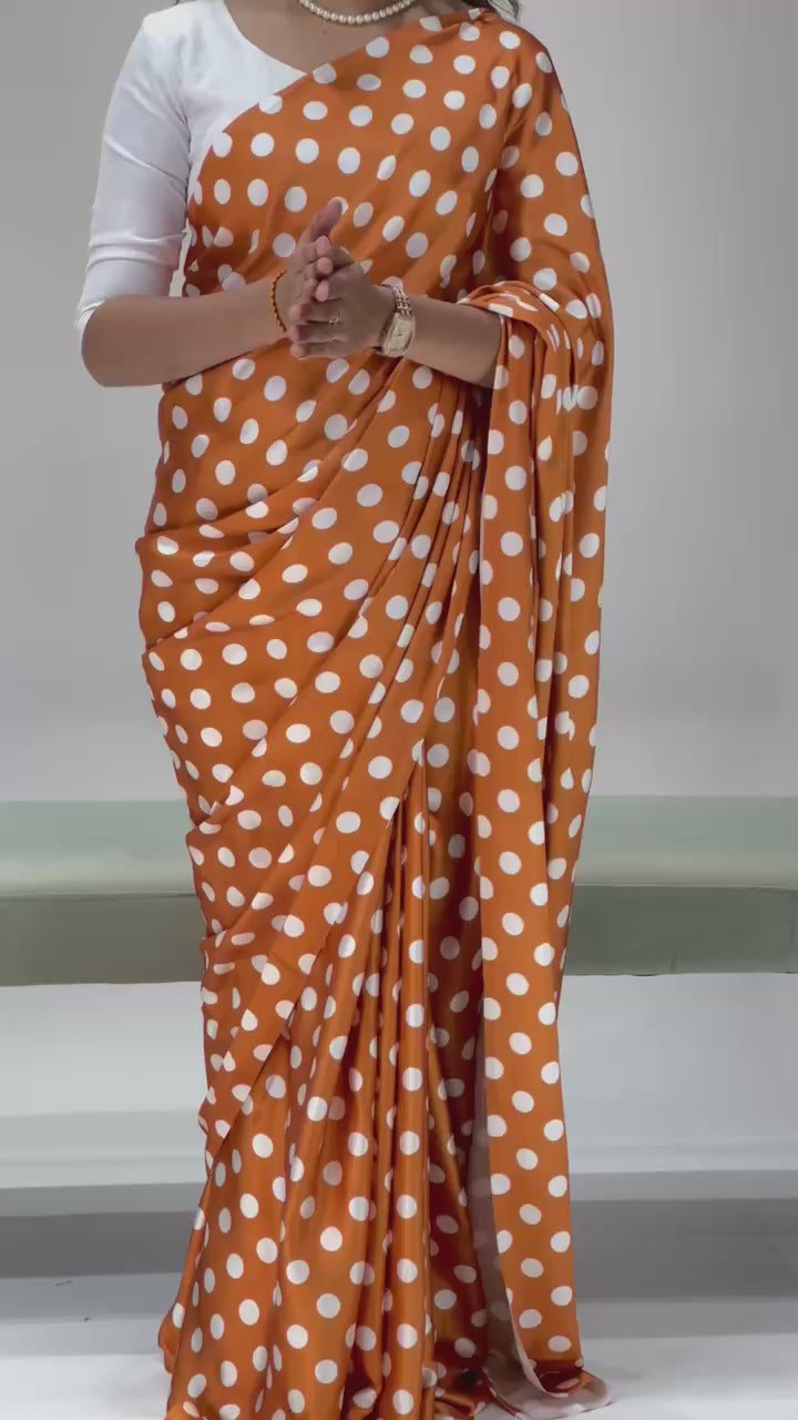 Pure Japan Satin Sarees in Polka Dot prints With Plain Blouse
