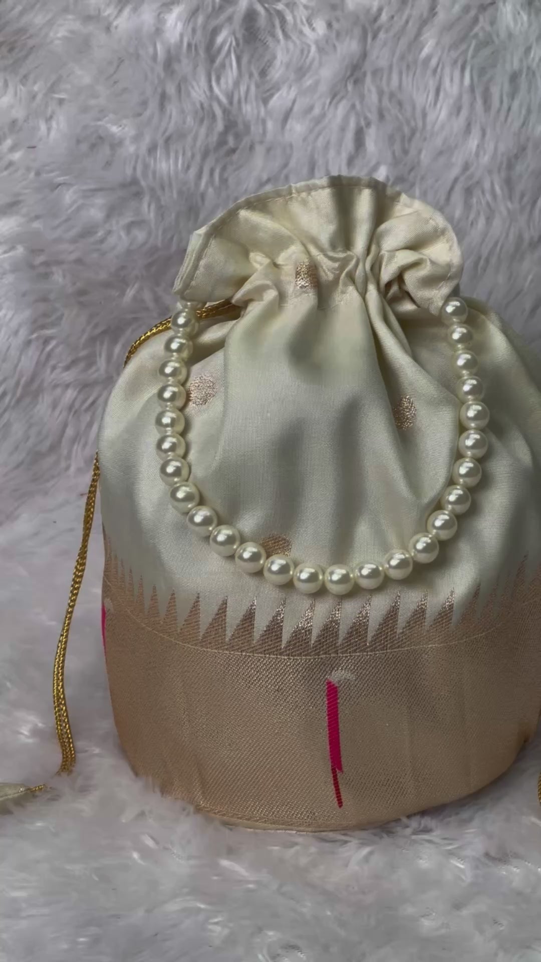Ivory Paithani Silk Potli Bag – Gold Zari Border & Premium Faux Pearl Strap