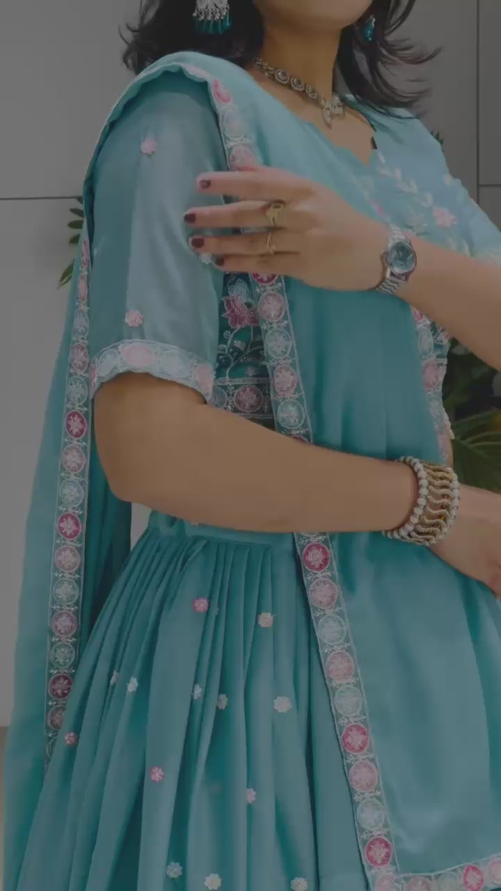 Sky Wedding Embroidery Bead With Traditional Work Lehenga Choli