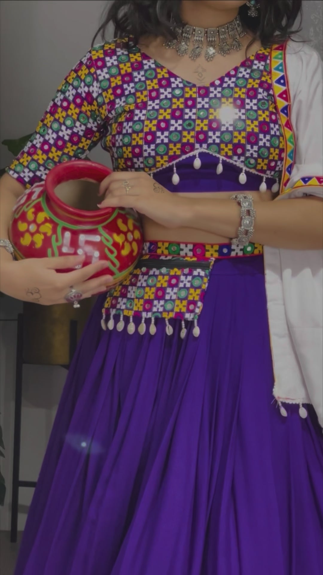 Purple Color Gamthi Mirror Work Lehenga Choli