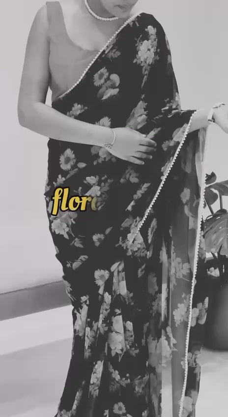 Floral Printed Saree With Pearl Lace Border