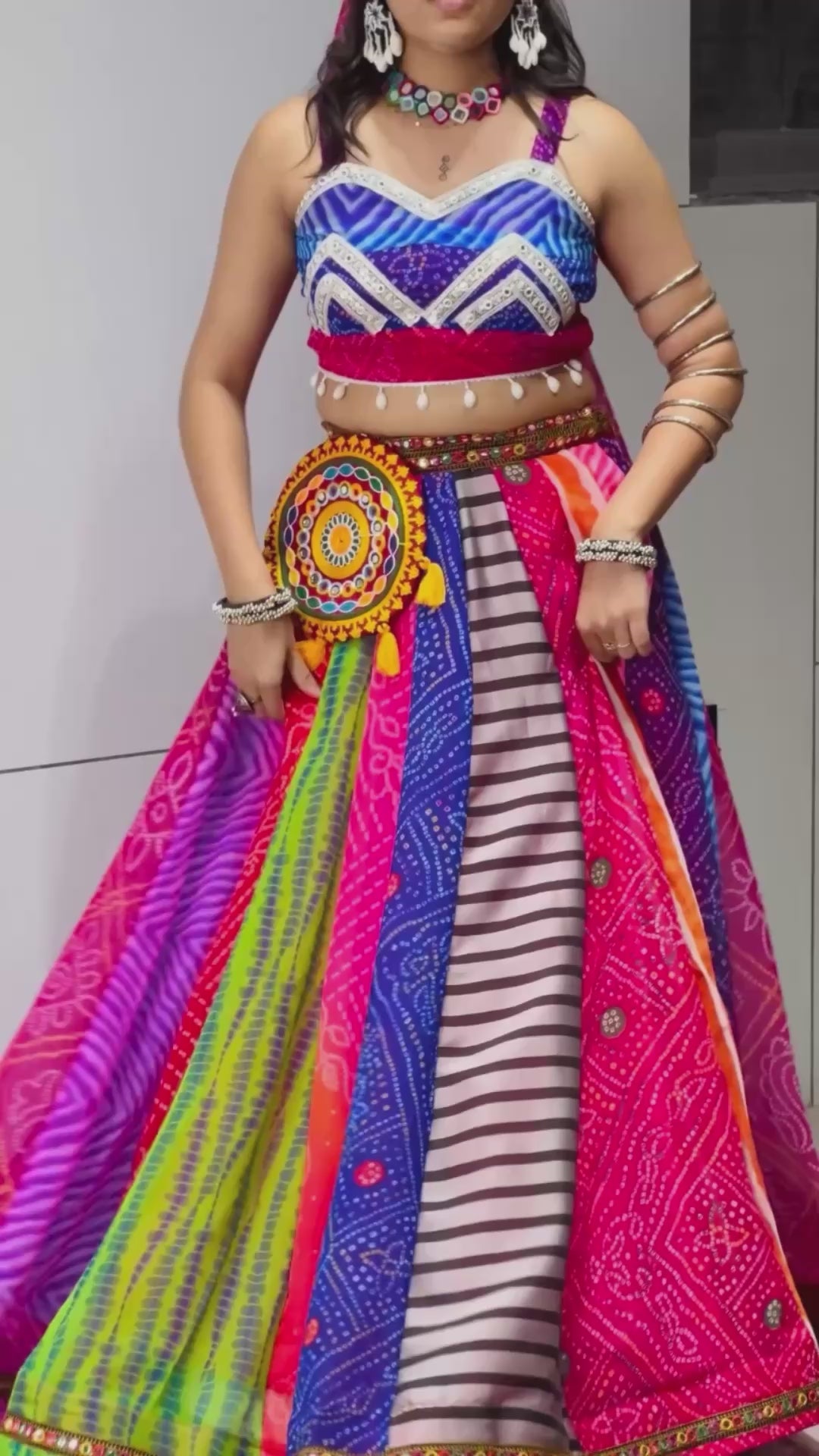 Traditional Multicolored Prints Kali Navratri Lehenga Blouse With Batwa & Scarve