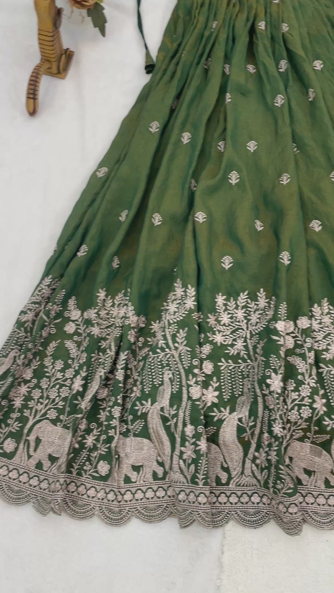 Classical Olive Green Embroidery Fully Stitched Premium Lehenga Sets