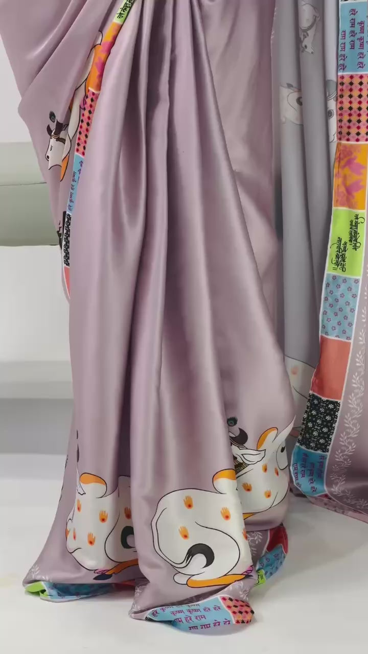 Prints Premium Satin Sarees With Plain Blouse